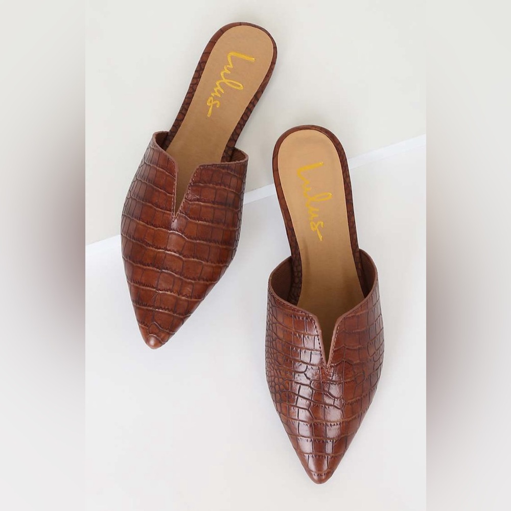 Lulus Jaelyn Brown Crocodile Embossed Pointed-Toe Slides